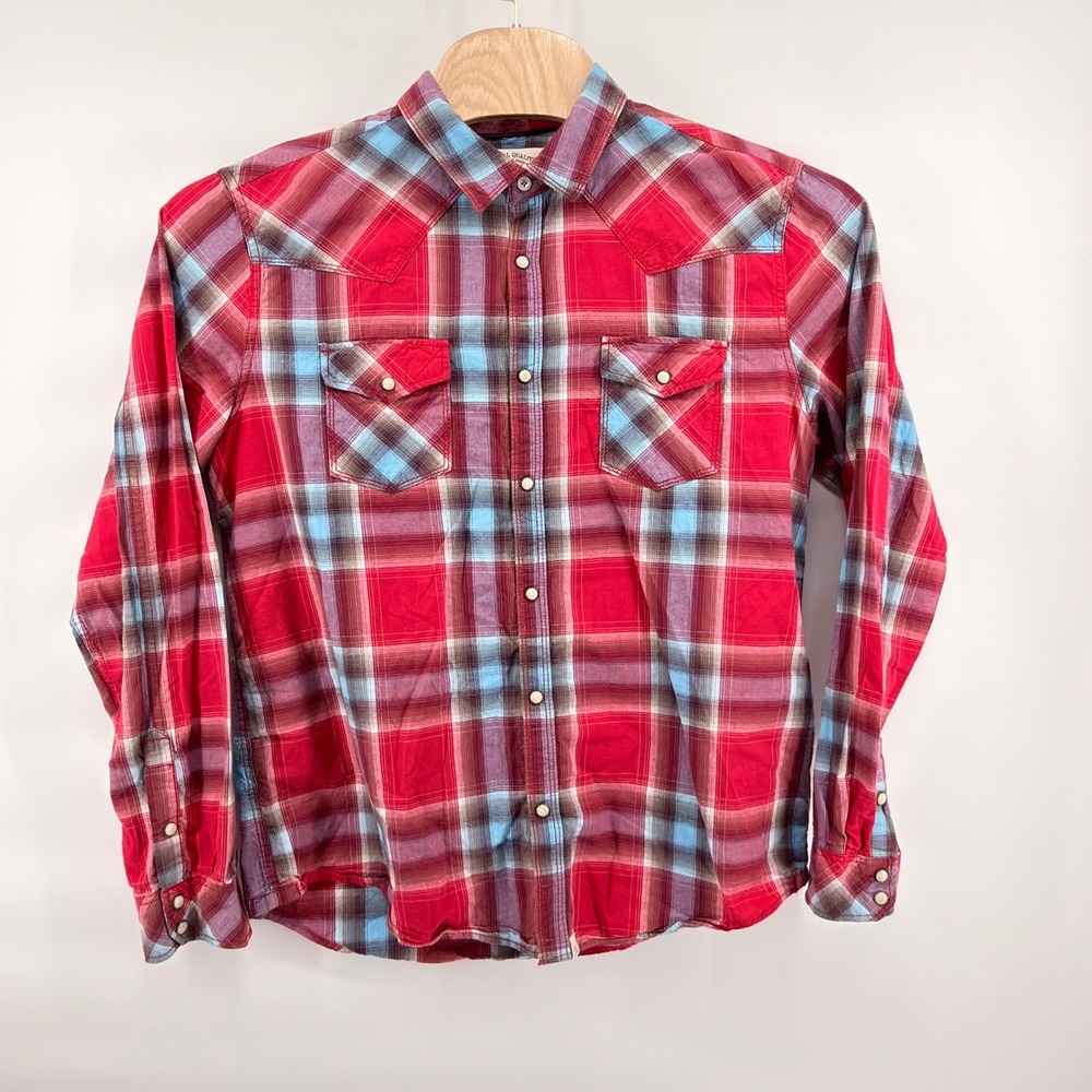 Aeropostale Button Front Shirt Mens XL Red Blue White Plaid Western Snap Flannel